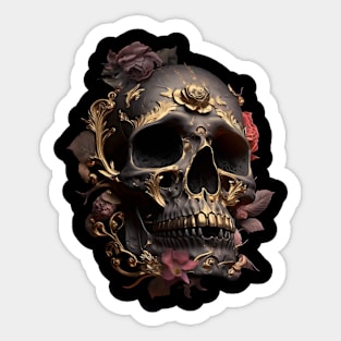 Black scull with flowers and golden pattern Sticker